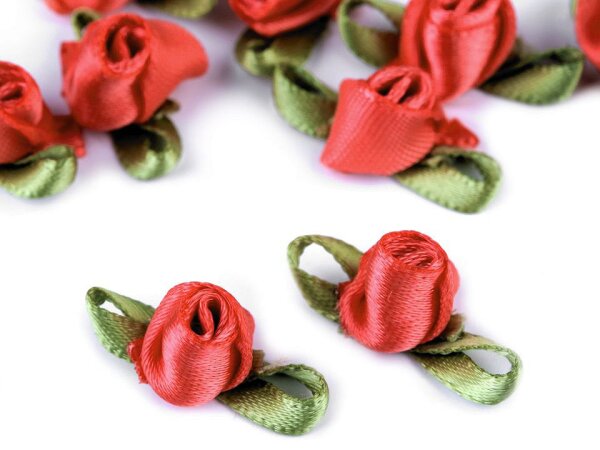 Satinröschen mit Blättern 10mm x 26mm koralle